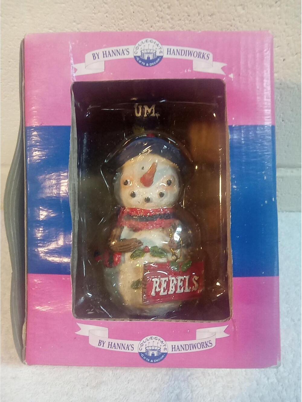 Hanna's Handiworks Collegiate Christmas Ornament Snowman Holding Rebels Sign NIB
